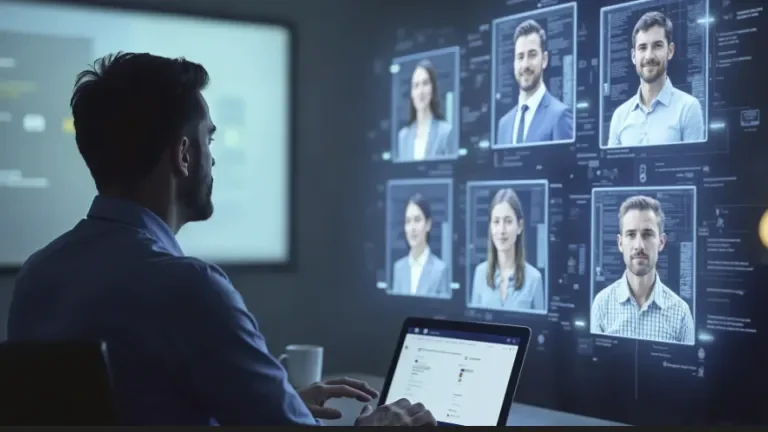 Joven mira cv´s digitales en una pantalla